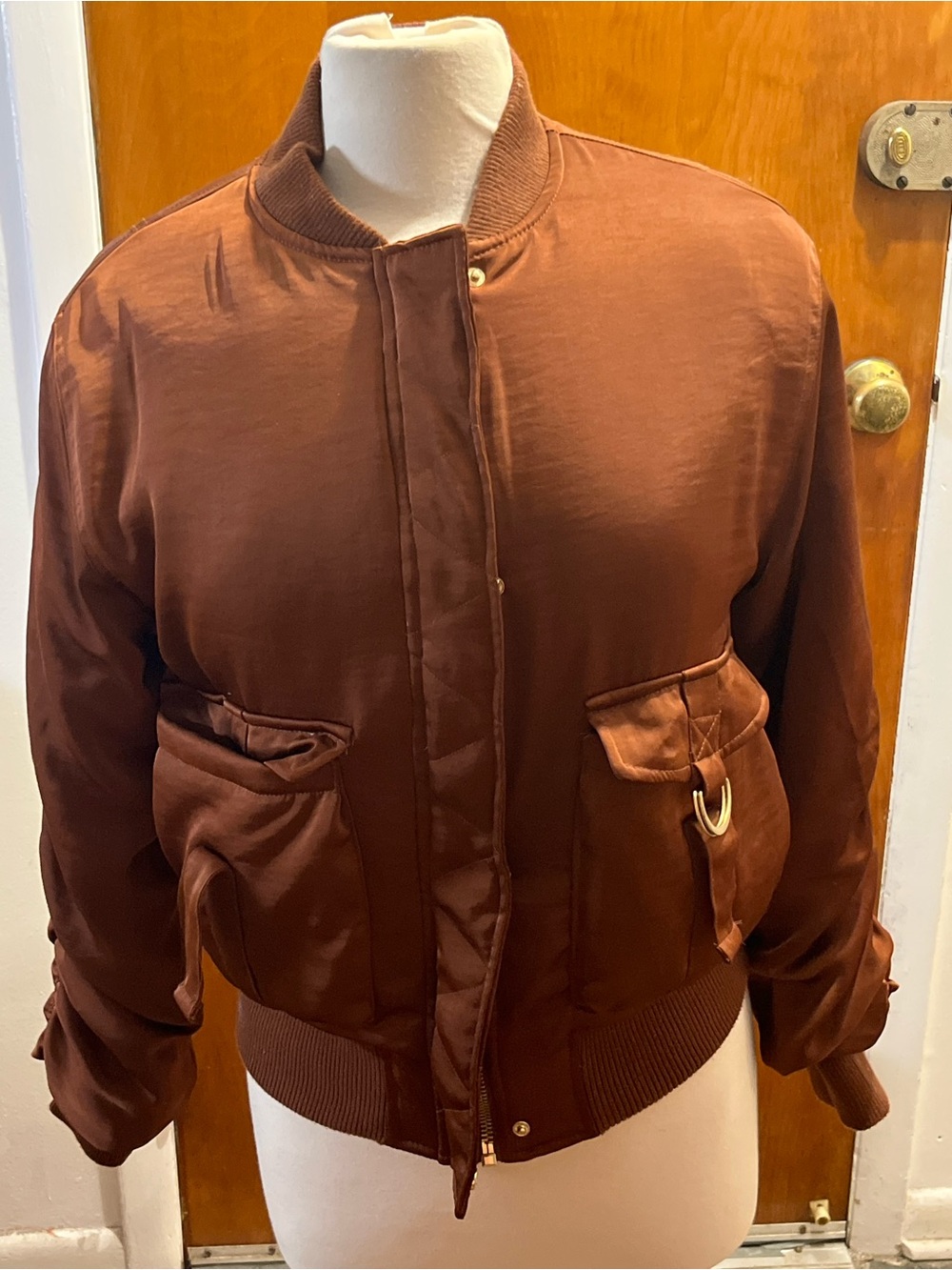 House of Harlow 1960 Women's Warm Brown Satin Bomber Coat Jacket Size XS
